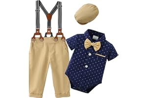ZOEREA Baby Boy Suit Gentleman Outfit Clothes Infant Tuxedo Short Sleeve Dress Shirt+Suspender Pants+Bowtie+Hat 0-18M