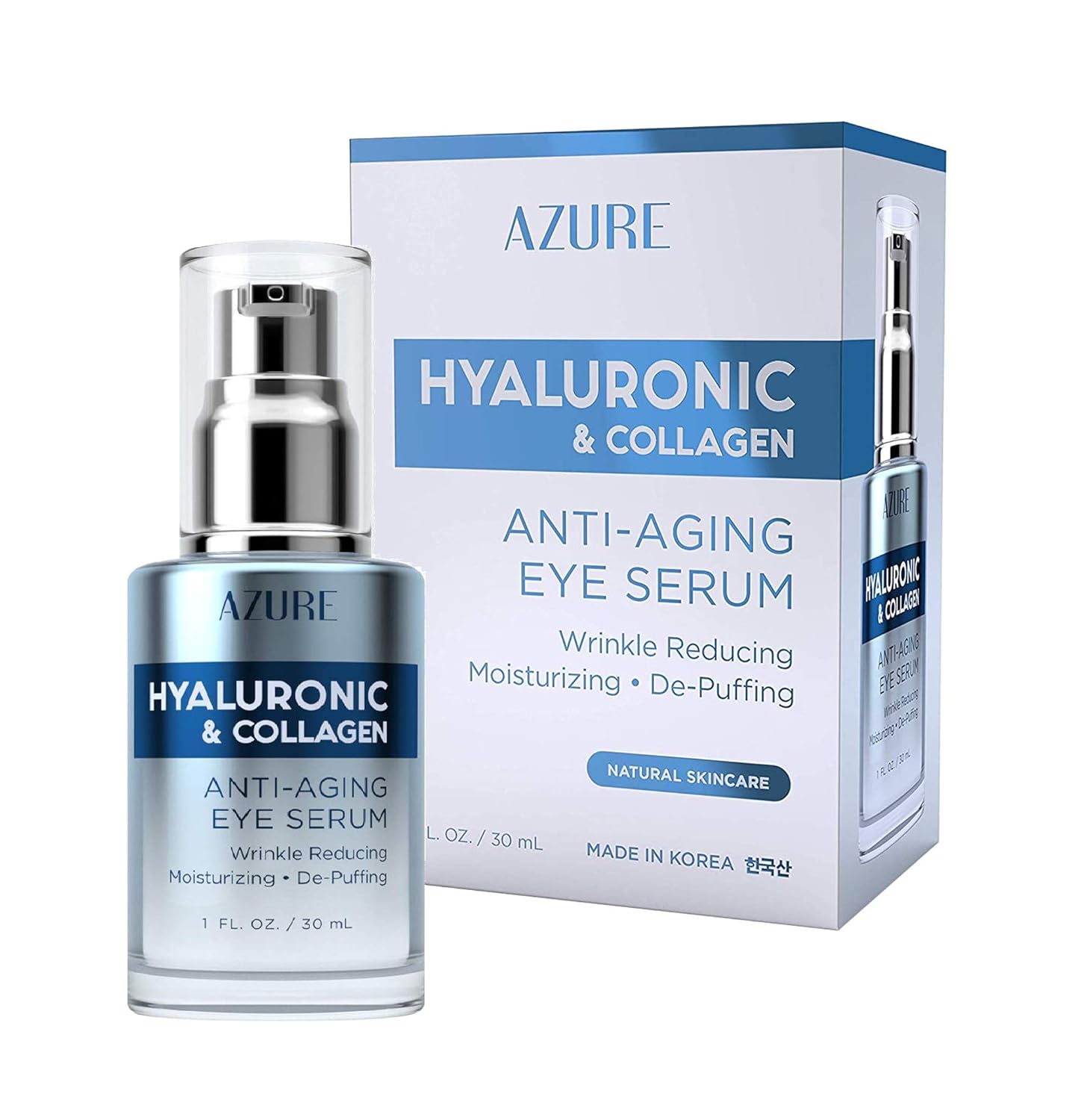 AZURE Hyaluronic & Collagen Anti Aging Eye Serum - Moisturizing, Replenishing & De-Puffing | Reduces Wrinkles, Fine Lines & Under Eye Bags | Locks In Moisture Hydrating Skin | Made in Korea - 30mL