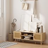 Apetaccat TV Stand for 55-65inch TV, Rattan Entertainment Center with Soft Hinge Door,TV Console Table with 2 Cabinets with Gold Handle and Feet,for Living Room, Bedroom, Natural