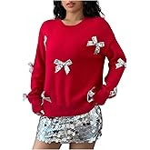 SweatyRocks Women's Cute Bow Crew Neck Loose Sweaters Casual Long Sleeve Knitted Pullovers Tops