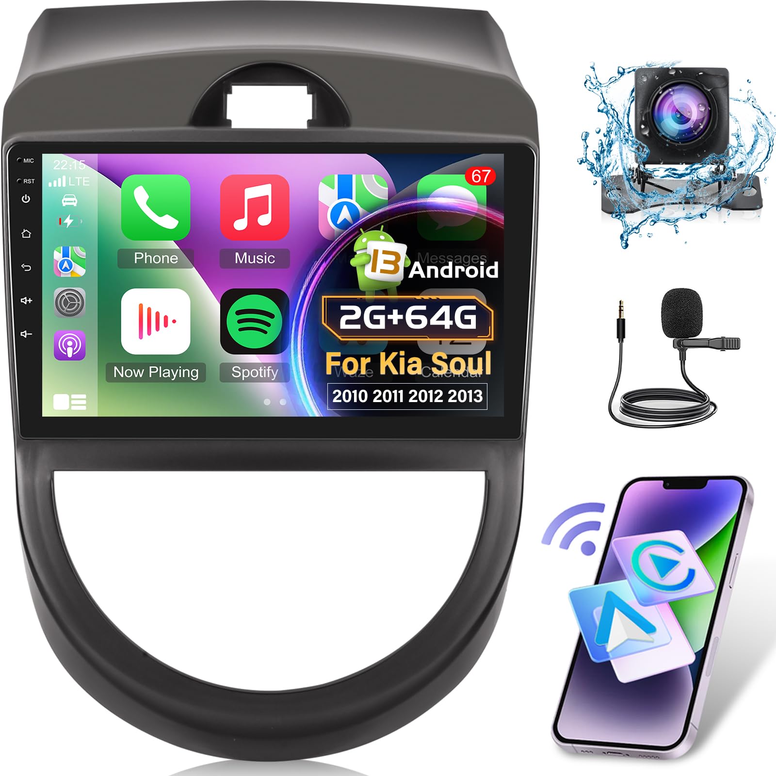 Photo 1 of [2G+64G] for 2010 2011 2012 2013 Kia Soul Radio, Android 13 Car Stereo with 9 inch Touch Screen, Carplay/Android Auto/1080P/Bluetooth/WiFi +AHD Backup Camera