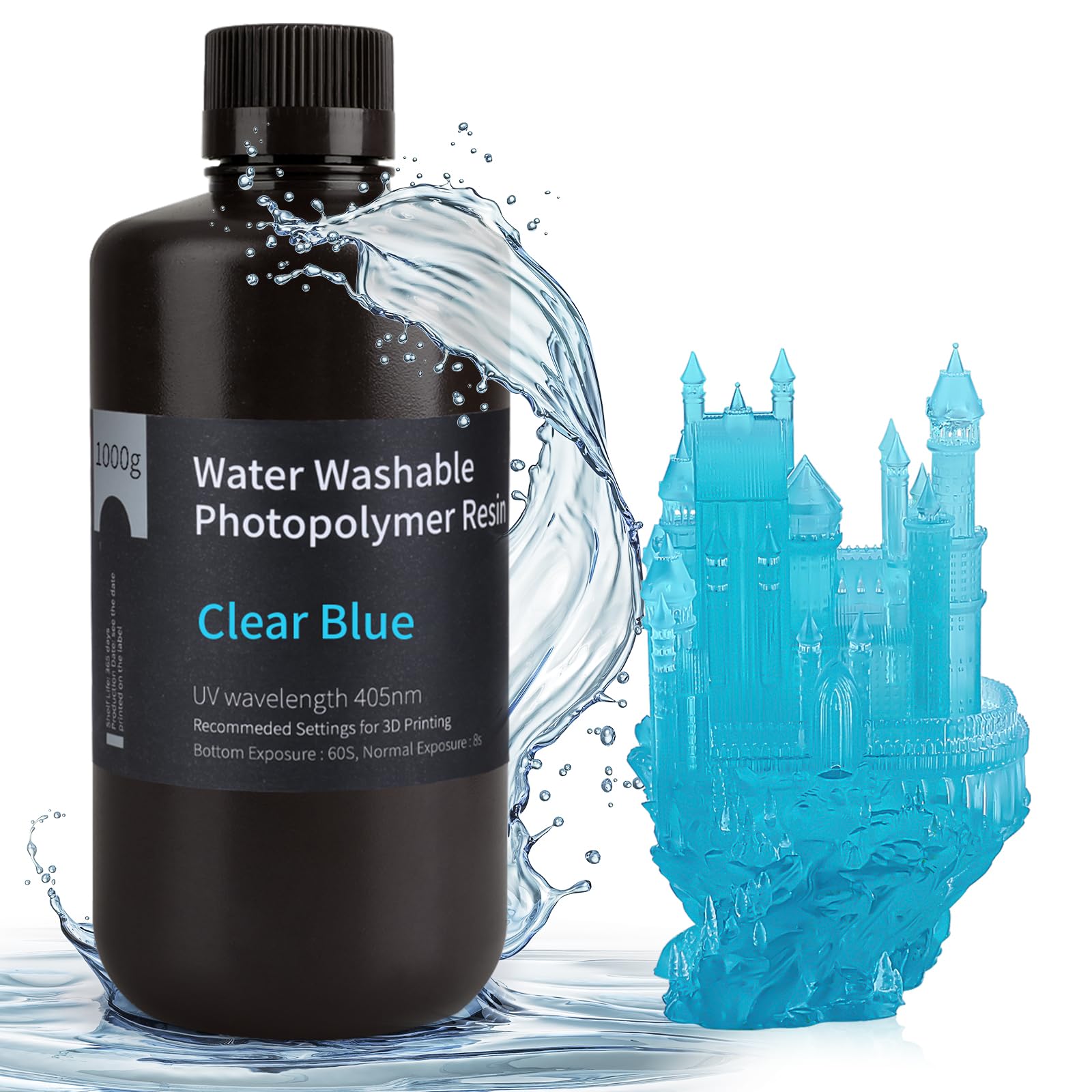 ELEGOO Water Washable 3D Printer Resin LCD UV-Curing Resin 405nm Standard Photopolymer Resin for LCD 3D Printing - Clear Blue 1000g