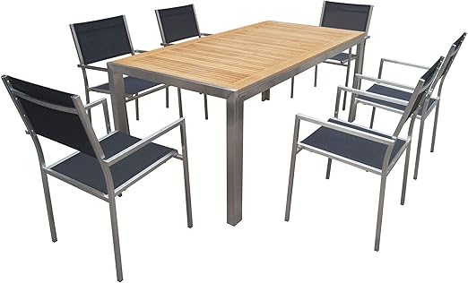 Outflexx Esstischgarnitur Silber Schwarz Edelstahl Teak Fsc Esstisch 180 X 90 Cm 6 Stapelsessel Gartenmobel Set Amazon De Kuche Haushalt