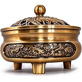 Brass Incense Burner with Lid, 4.23 Inch Wide Mouth 3-Legged Cone Incense Burner, Ideal for Yoga, Meditation, Zen Home Decor, Comes with Fireproof Cotton & Gourd Incense Insert