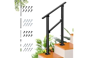 GLEEFURNY 2 Step Handrail for Outdoor Step,Metal Porch Stair Railing 2 Steps Handrails Black Wrought Iron Handrail kit for Concrete, Porch Steps