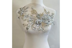 FEEPOP 3D Embroidered Patches Nail Bead Tulle Applique Flower Patch for Clothing Wedding Dress Lace C Fabric DIY Decoration (Gray)