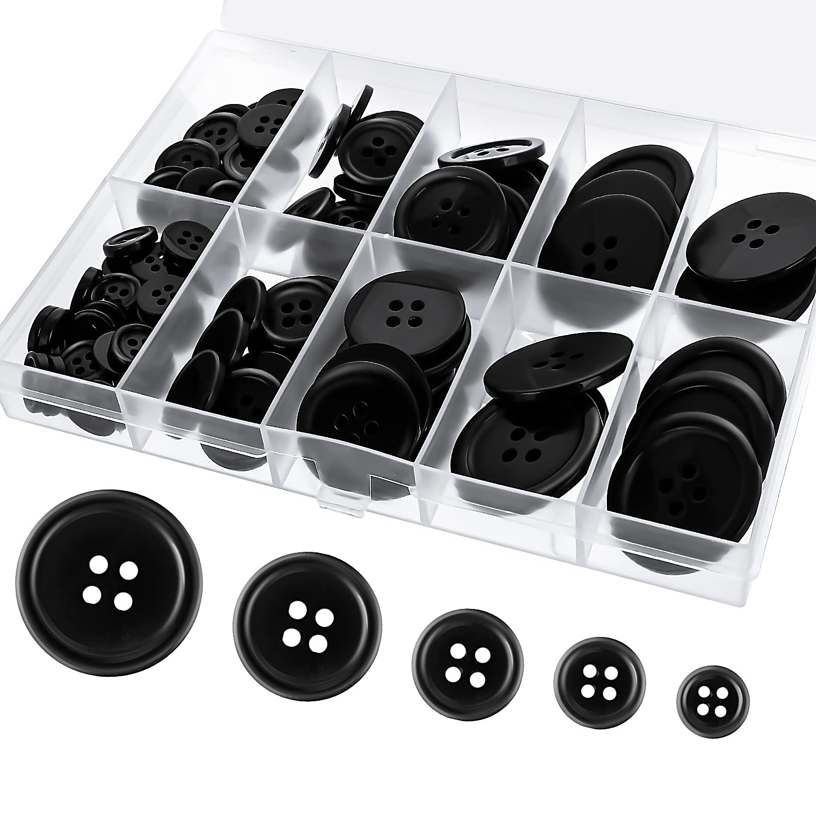 Lusofie 100Pcs Black Buttons Round Resin Buttons for Sewing 4-Hole Mixed Buttons for Crafts Suit Coat Shirt DIY with Compartment Storage Box(5 Sizes)