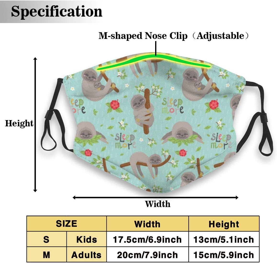 POSONINGS Cute Sloths Sleep More KN95 Mouth Mask,Free Two N95 Filter Elements Mask Personality Print Anti-Pollen Mask Anti-dust and Polyester Face Mask Face PM2.5