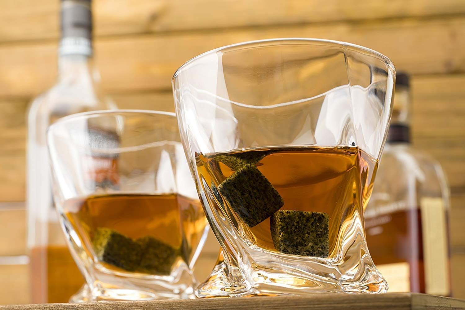 Whiskey Stones and Whiskey Glass Gift Boxed Set, 8 Granite Chilling Whisky Rocks, 2 Glasses in Wooden Box, Great Gift for Father's Day, Dad's Birthday or Anytime For Dad, Plus 2 Free Coasters: Kitchen & Dining