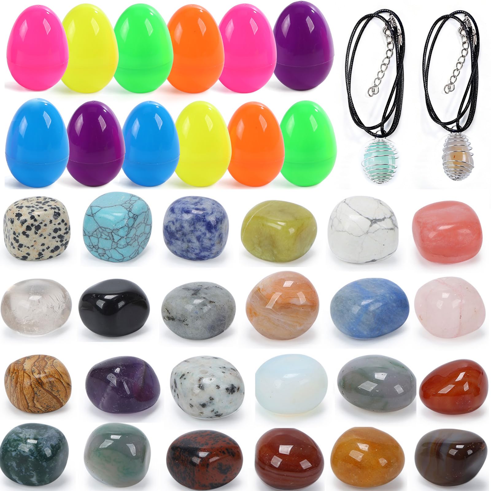 CUTE STONE 24 Pack Filled Easter Eggs with Gemstones, Prefilled Easter Basket Stuffers Easter Party Favors for Teens, Boy, Girls and Kids