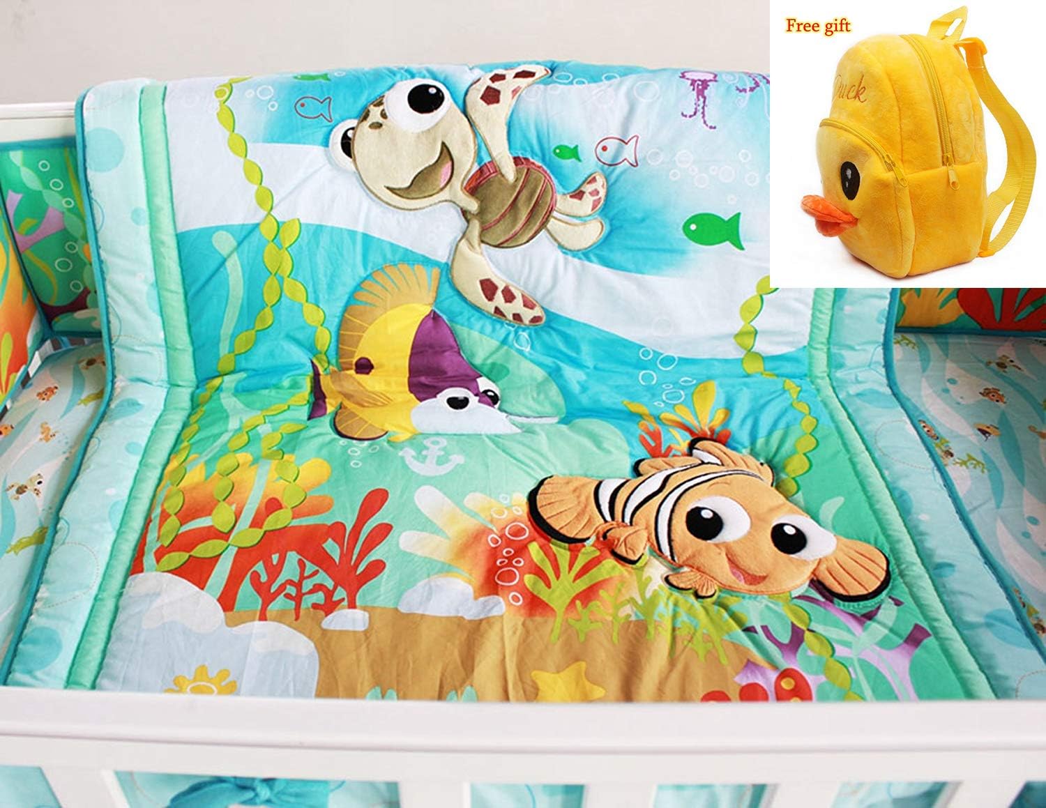 M2cbridge Baby Cot Crib Bedding Quilt with 4 Bumper Pads + Free Gift Plush Toddler Backpack(Nemo)