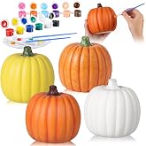 Fuyoooo 4 Sets Ceramic Pumpkins to Paint Kit, 4.72 x 4.72 x 5.71 Inches | Includes 4 Craft White Pumpkins, 12 Acrylic Paints, 2 Brushes & Palette, DIY Craft for Fall Harvest Halloween Thanksgiving