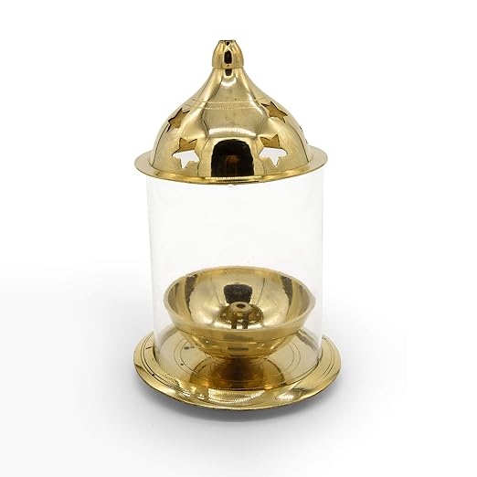 Buy TAZBI Akhand Diya, Elevated Wick Stand, Brass Oil Lamp with Glass