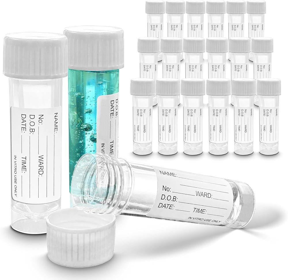 RE-GEN 20x 30ml Clear Plastic Specimen Pots Secure Screw Top Lids Label Markers