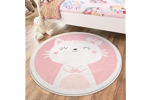 LIKOYO Kids Rug for Kids Room, 3 Ft Round Washable Area Rugs Cute Pink Cat Rug Nursery Rug for Baby Boys Girls Play Mat Floor Carpet Non Slip Soft Rugs for Living Room Bedroom Playroom Bathroom Classroom