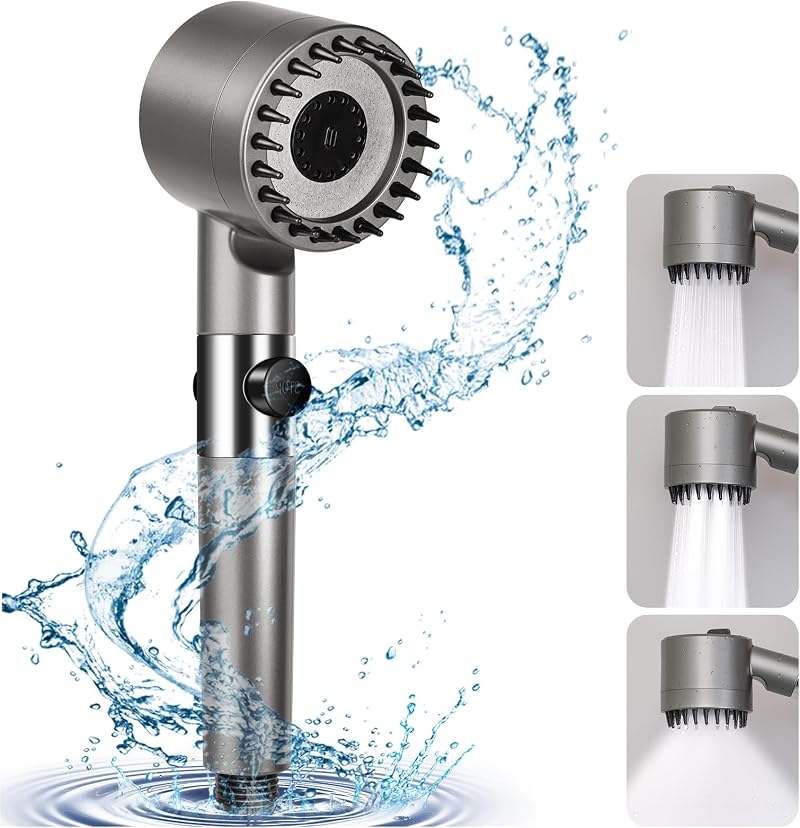 Homradise Water Saving Shower Head Handheld Filter 3 Modes Stop Function Silver