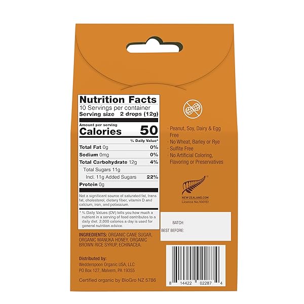 WEDDERSPOON ORGANIC MANUKA HONEY DROPS, HONEY & ECHINACEA, 20 COUNT (PACK OF 1) | GENUINE NEW ZEALAND HONEY | PERFECT REMEDY FOR DRY THROATS