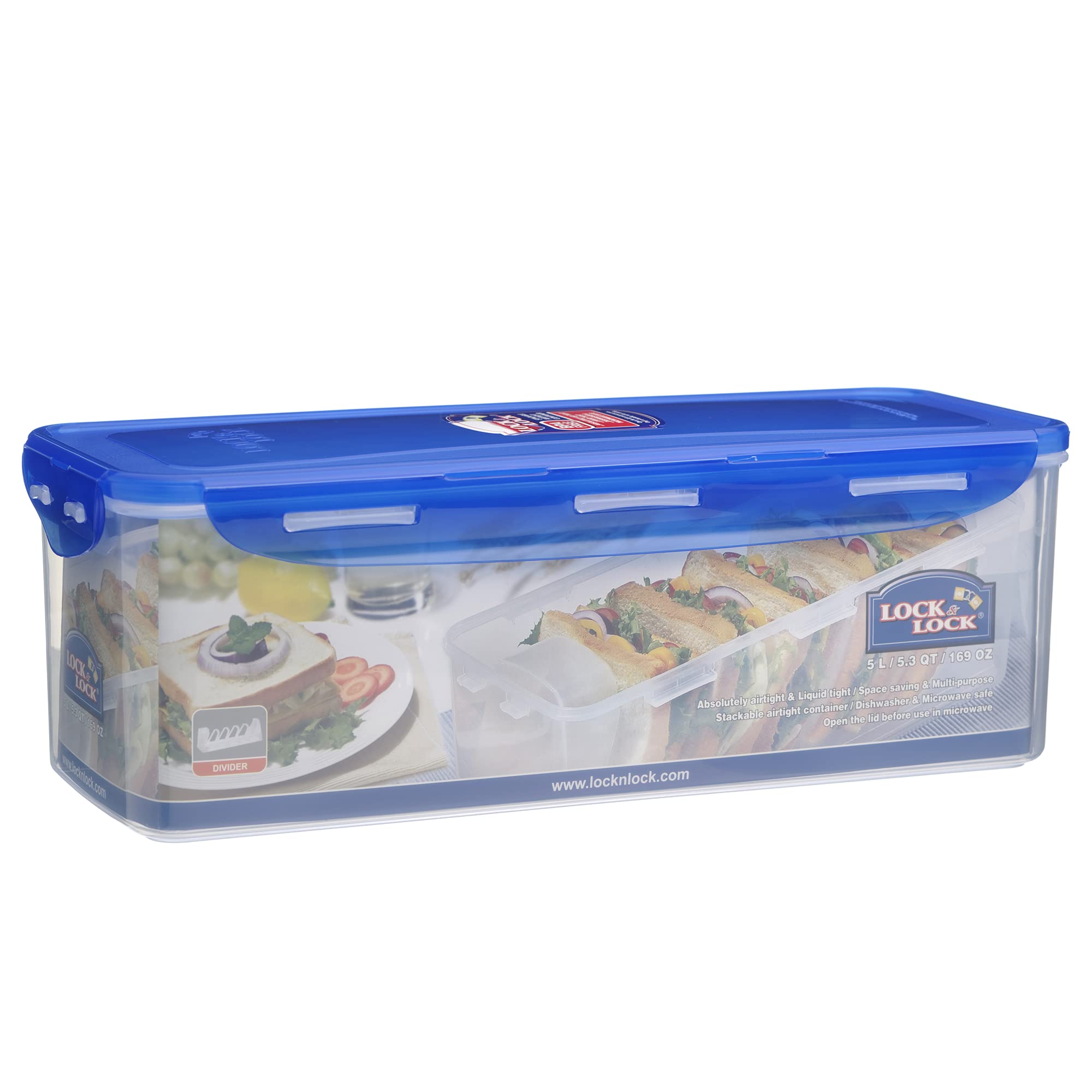 Lock & Lock HPL849T Classic Bread Box Rectangular Food Container w/Sandwich Keeper, 5.0L