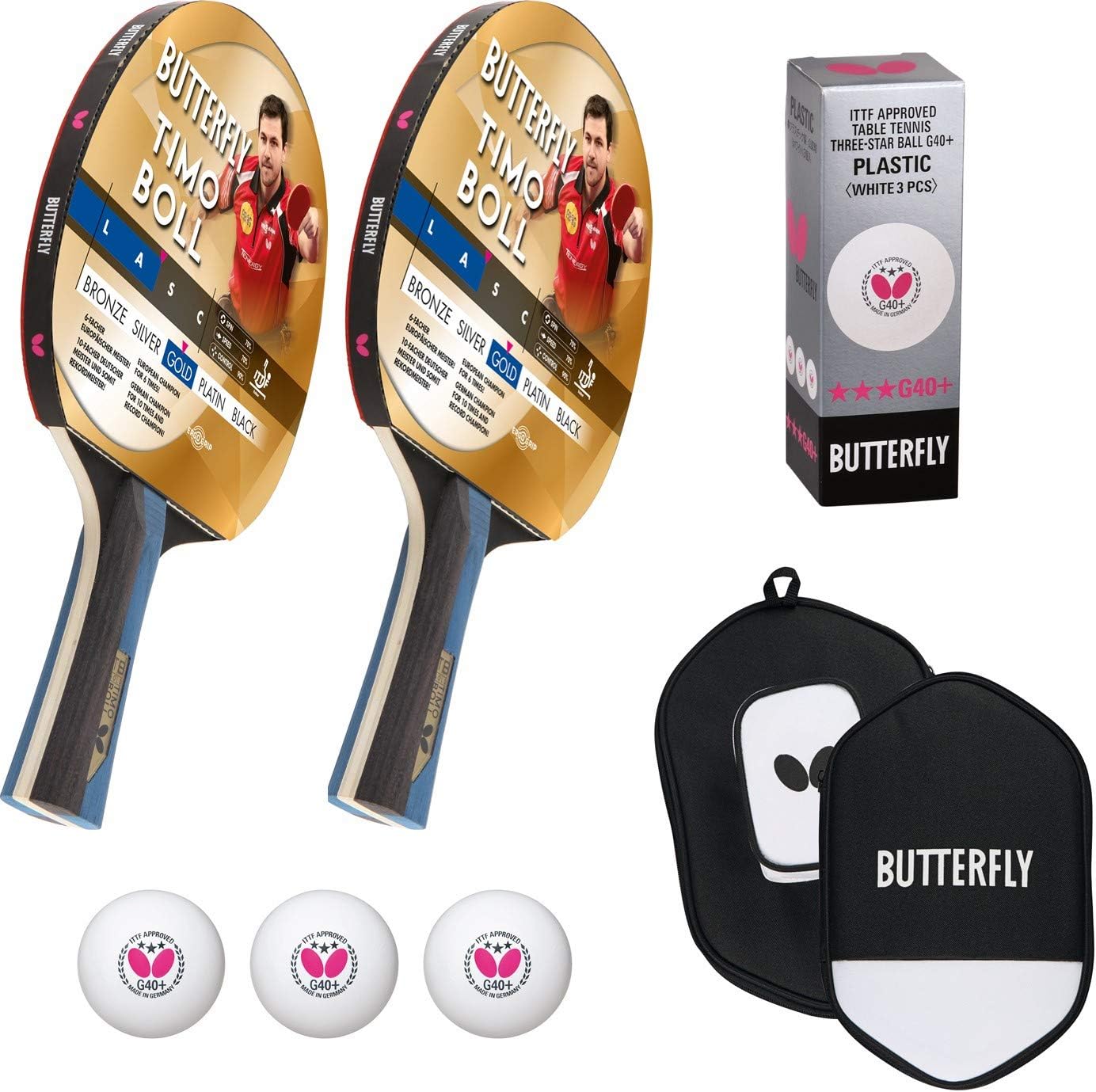 Butterfly Timo Boll 2 x Gold Tischtennisschläger + Tischtennishülle + 2