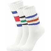 Acomono Retro Striped Slouchy Crew Socks for Men & Women 3 Pairs Cotton Athletic Tube Cushioned Calf Tennis Socks Size 5–11