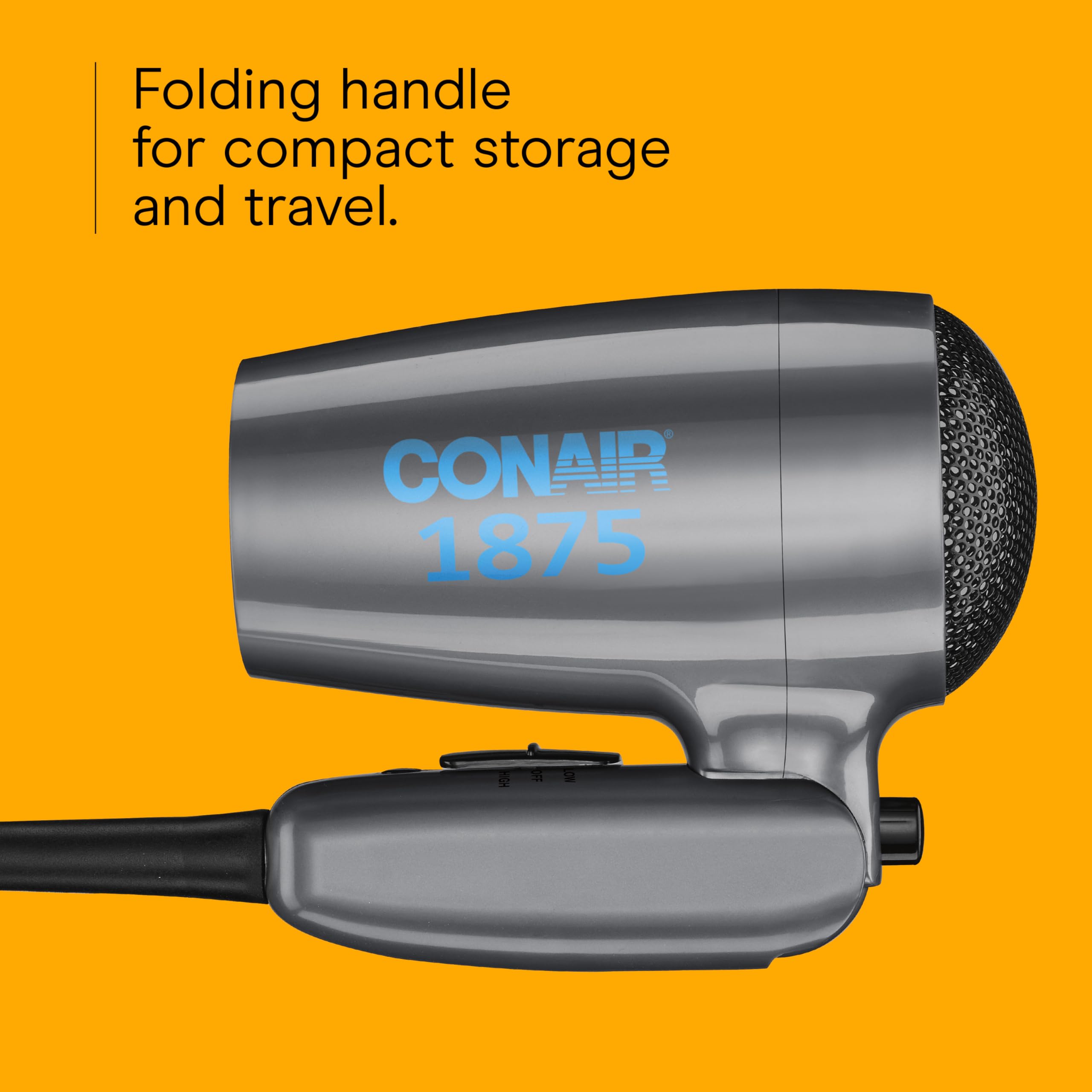 Conair Travel Hair Dryer with Dual Voltage, 1875W Compact Blow Dryer with Folding Handle, Gray