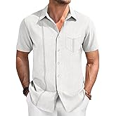 Runcati Mens Cuban Guayabera Shirts Button Down Short Sleeve Shirt Casual Linen Summer Beach Vacation Hippie Tops