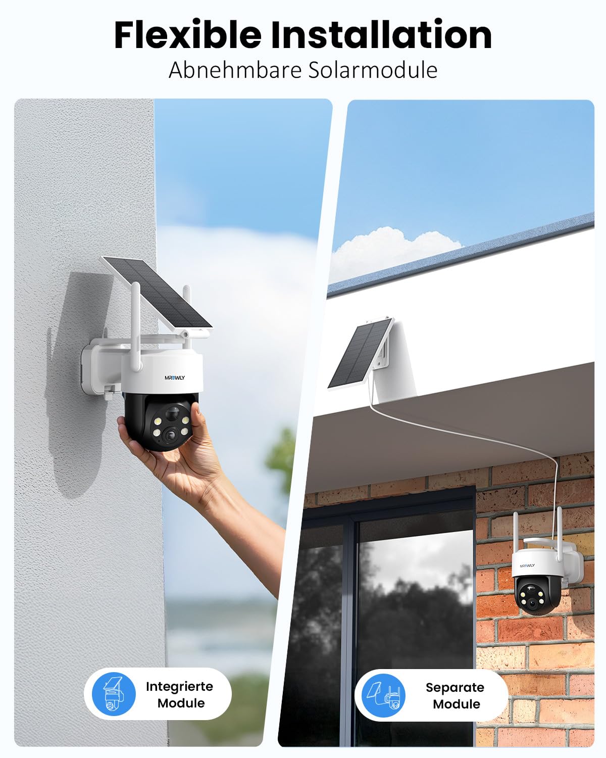 Mrowly 2K Überwachungskamera Aussen Solar, 360° PTZ Kamera Überwachung Aussen Akku, 2,4GHz WLAN Kamera mit PIR Bewegungsmelder, Farbnachtsicht, 2-Wege-Audio, IP66, Cloud/SD Speicher 2