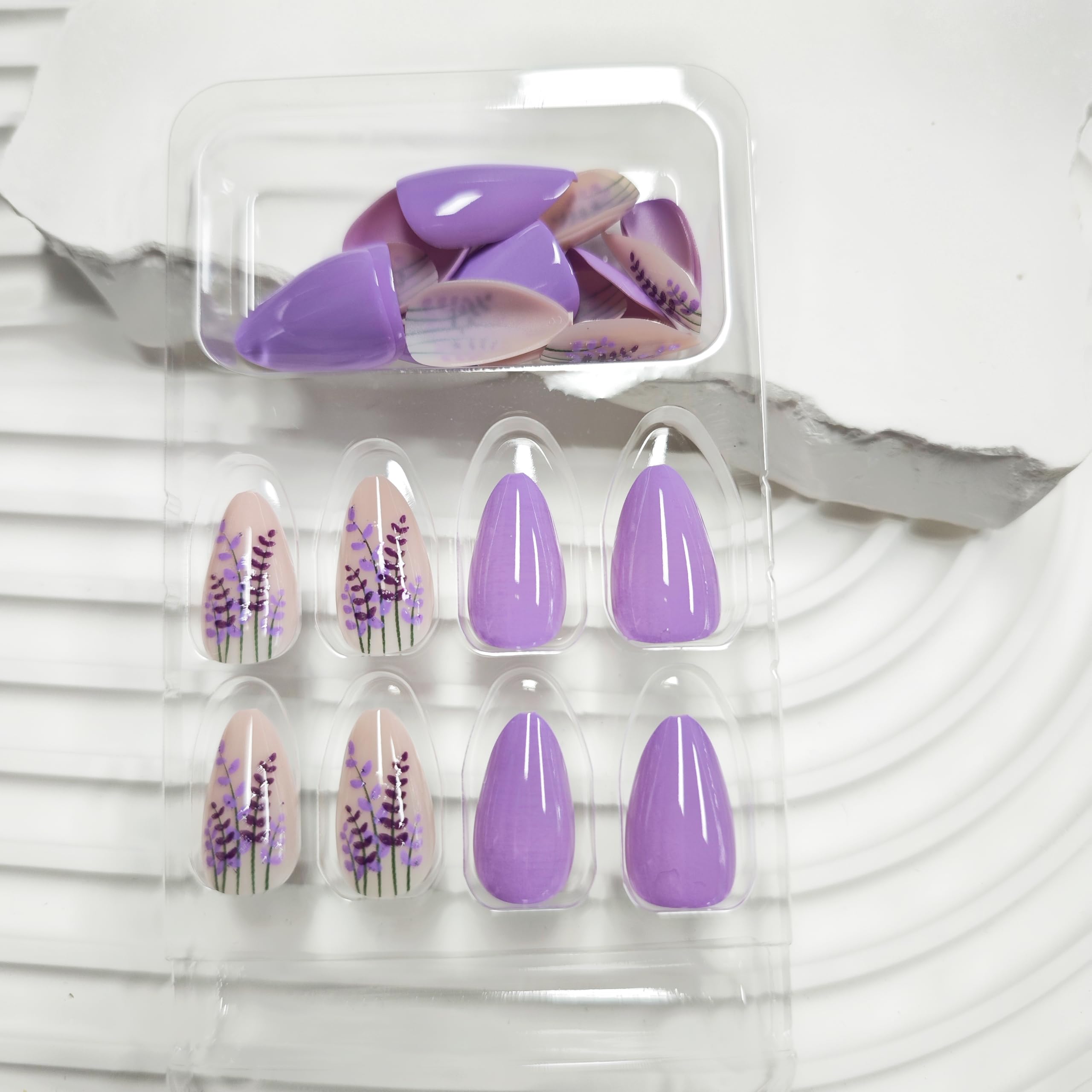 Purple Press on Nails Medium Almond Fake Nails Lavender False Nails with Design Flower Glue on Nails Glossy Full Cover Reusable Artificial Acrylic Stick on Nails For Women Girls Manicure 24PCS - Image 3
