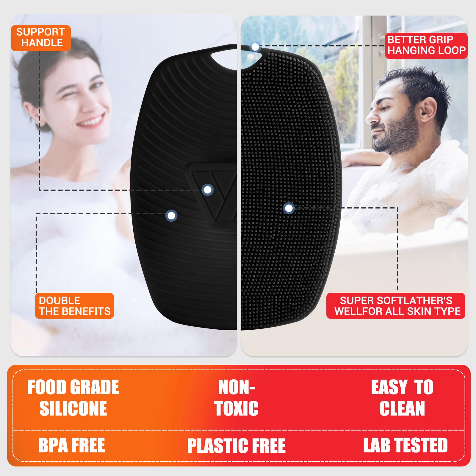 Silicone Body Scrubber - Anti Zinc Infused-Highly Elastic Bristles Exfoliating Body Scrubber for Shower Body,Cellulite Reduction,Blood Circulation- Black