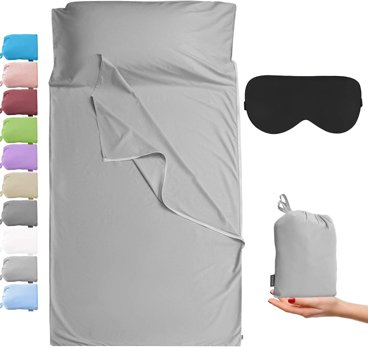 Cozysilk Sleeping Bag Liner with Zipper - Pure Cotton Sleep Sack Adult - Travel Sheet for Hotel & Backpacking, Pure Silk Sleep Mask Included : Sports & Outdoors