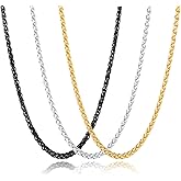 Awrovi 3 Pcs Men Women Chain Necklace, 4mm Stainless Steel Gold Black and Silver Wheat Chains, 18"/22"/26"/30 Inches