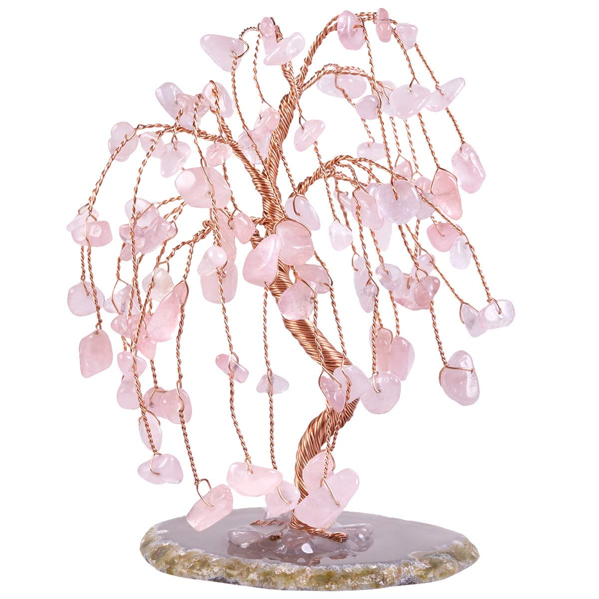 mookaitedecor Rose Quartz Tumbled Stones Money Tree, Gemstone Feng Shui Ornaments Willow Healing Crystal Tree Gift Pink Bedroom Accessories Good Luck Reiki Decoration, Agate Slice Geode Quartz Stand