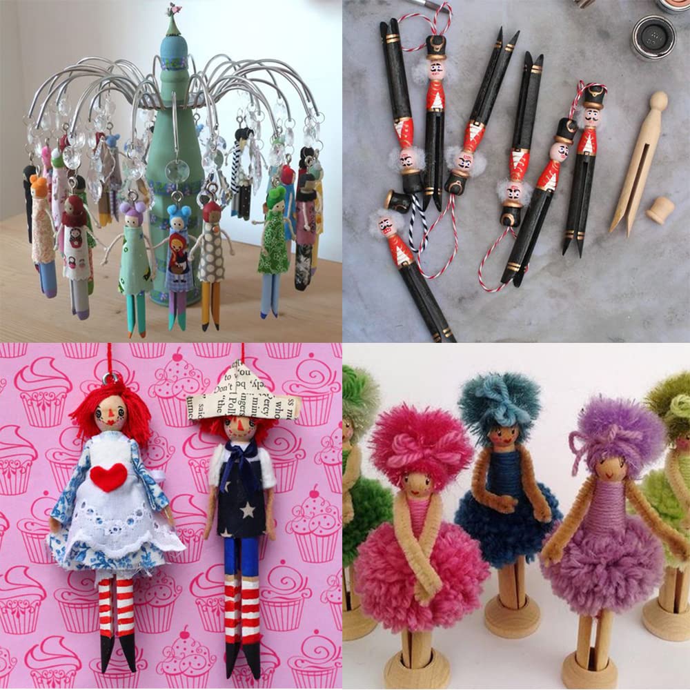 Winlyn 50 Sets Unfinished Wood Doll Pins Doll Clothespins Wooden Round Peg Wood Clothespins and Stands Craft Supplies for DIY Art Painting Projects Doll Ornaments Rustic Country Embellishments