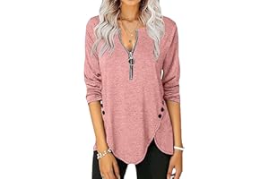 PETYCZEN Womens Tops Dressy Casual Spring Summer 2023 Long Sleeve Zip Up Shirts Loose Side Button Going Out Tops Blouse Tunic