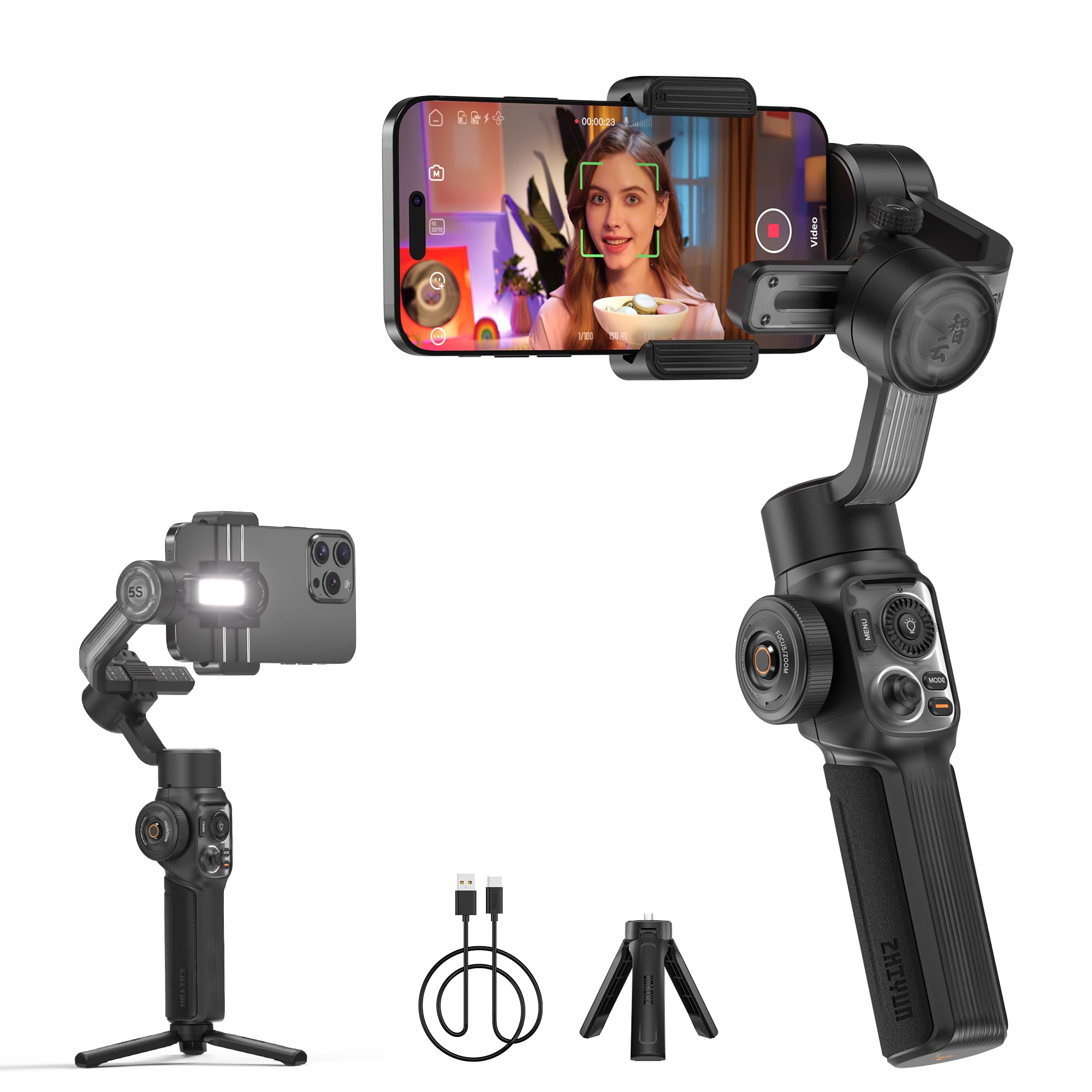ZHIYUN Smooth-5S AI [Official] Smartphone Gimbal, Gimbal Stabilizer 3-Axis, Mobile Phone Gimbal, with Tripod, Mobile Phone Stabilizer, for Vlog, YouTube, TikTok