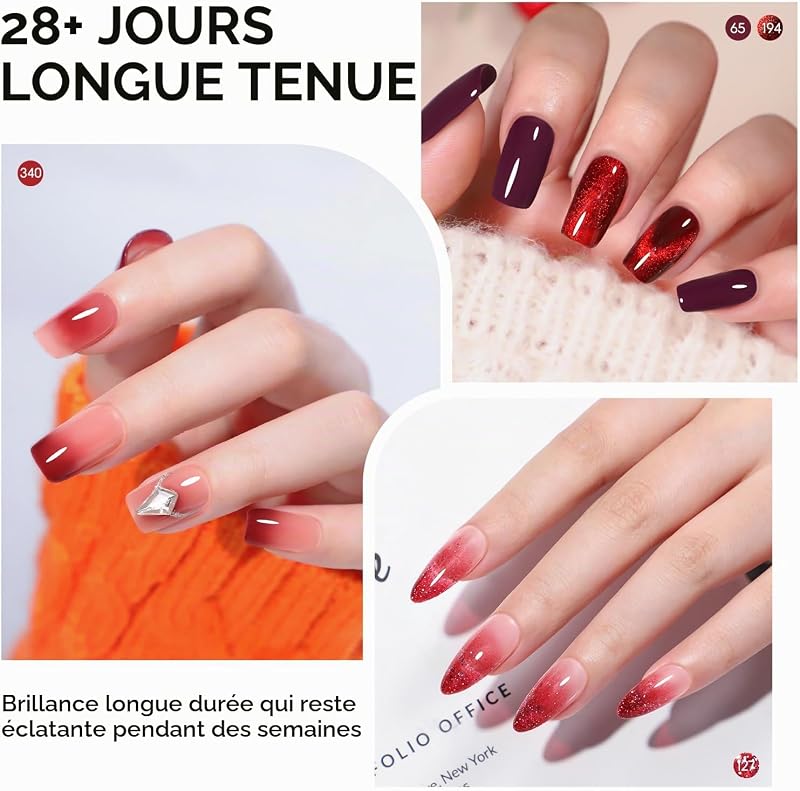 Vernis Semi Permanent Rouge, 6 Couleurs Bourgogne Foncé Paillettes Cat Eye Vernis à Ongles Soak-Off UV/LED French Manucure Gel Ongle UV pour Salon DIY Home 10ml