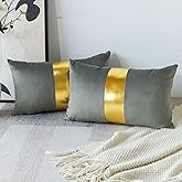 Artscope Grey Velvet Throw Pillow Covers with Gold Leather Stitching Luxury Modern Minimalist Square Pillowcase Cushion Covers for Bed Couch Sofa 12x20Inch Set of 2
