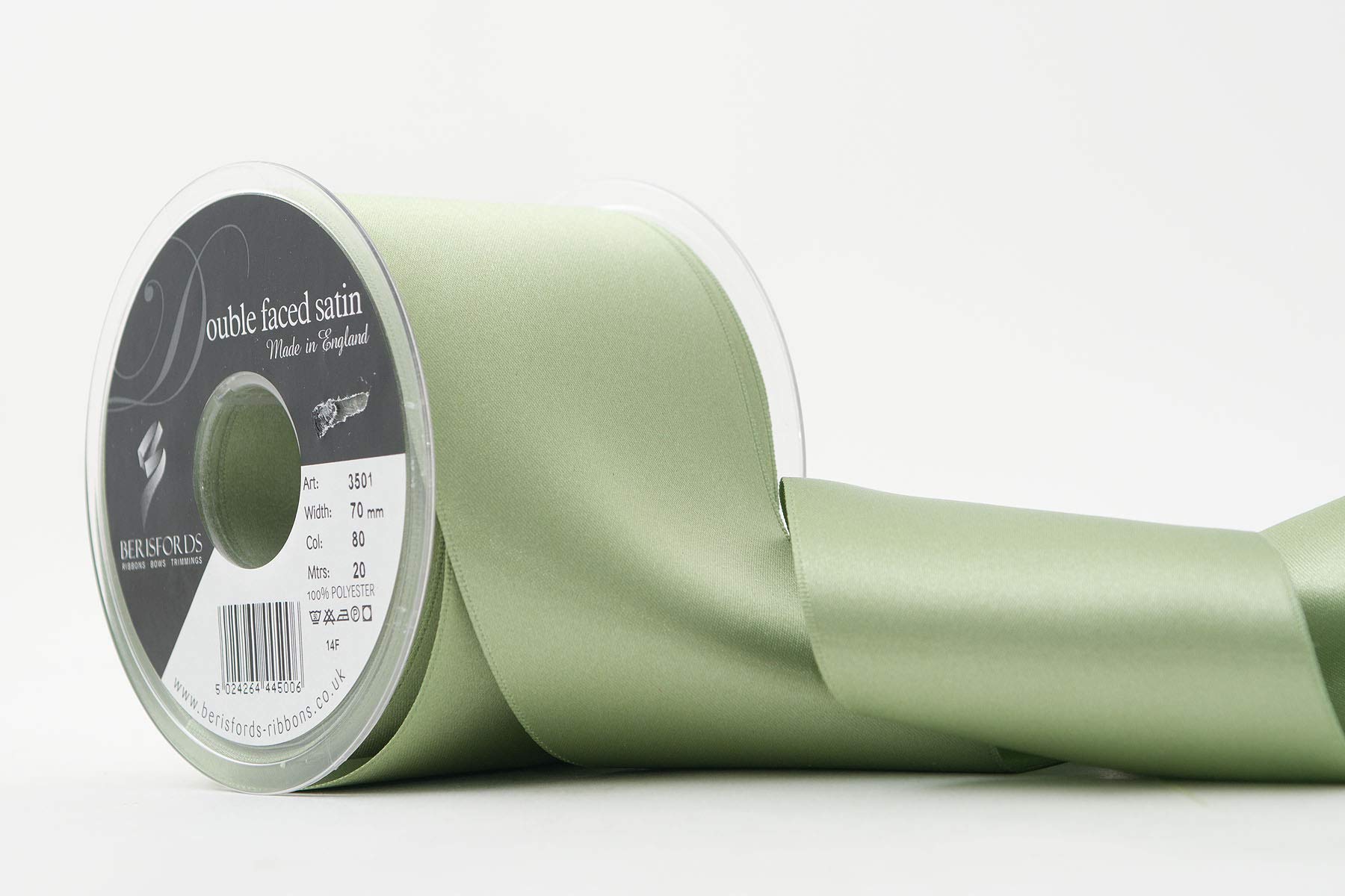 Berisfords Double Faced Satin Ribbon, Khaki, 70 mm Width, 20 metre Length — image 1