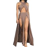 Velius Women Sexy Hollow Out Halter Wrap Sleeveless Plain Pleated Slit Casual Long Maxi Dress