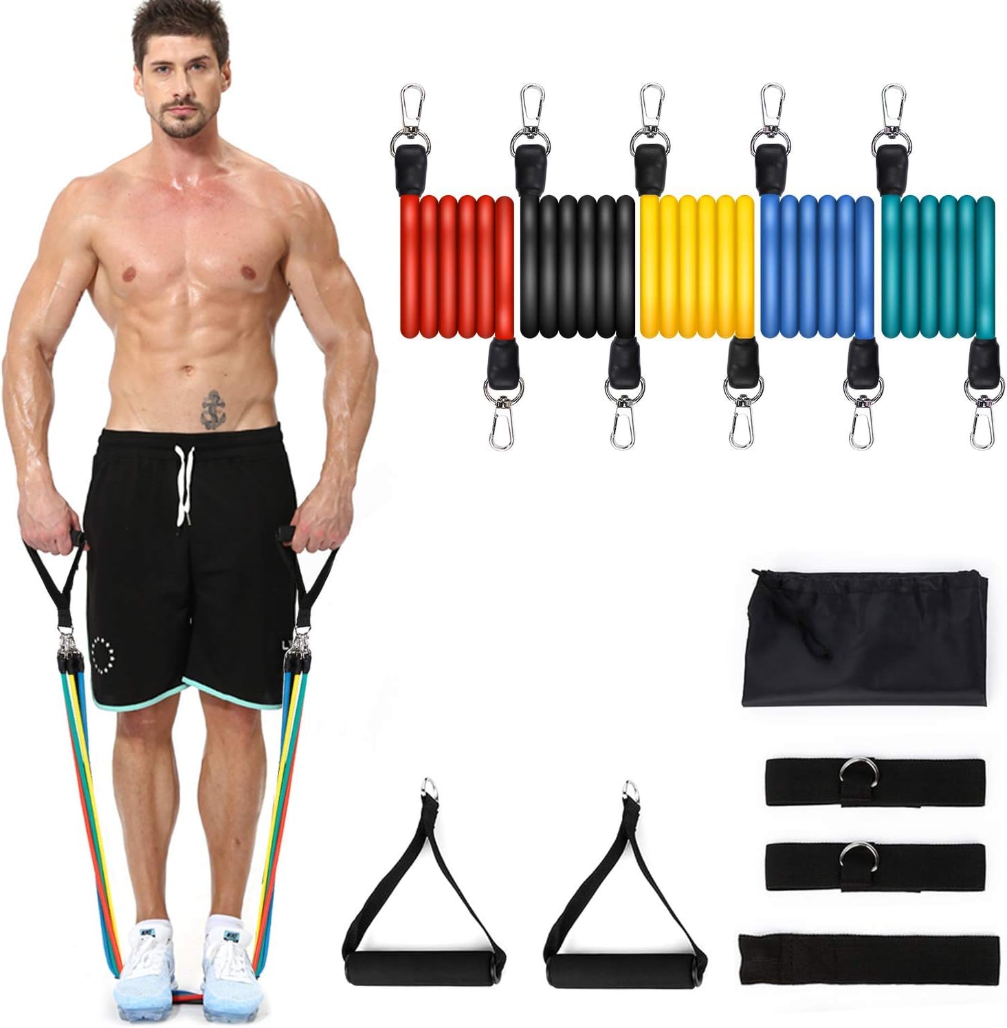 NIUFIT Exercise Resistance Bands Set Stackable up to 100 lbs Workout Resistance Tubes for Outdoor and Intdoor Sports Weight Lifting Yoga Pilates Abs Stretch Fitness Home Gym