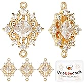 Beebeecraft 1 Box 8Pcs Connector Charms 18K Gold Plated Brass Cubic Zirconia Rhombus Links Connectors Hollow Flower Links Charms for DIY Bracelet Necklace Jewelry Making
