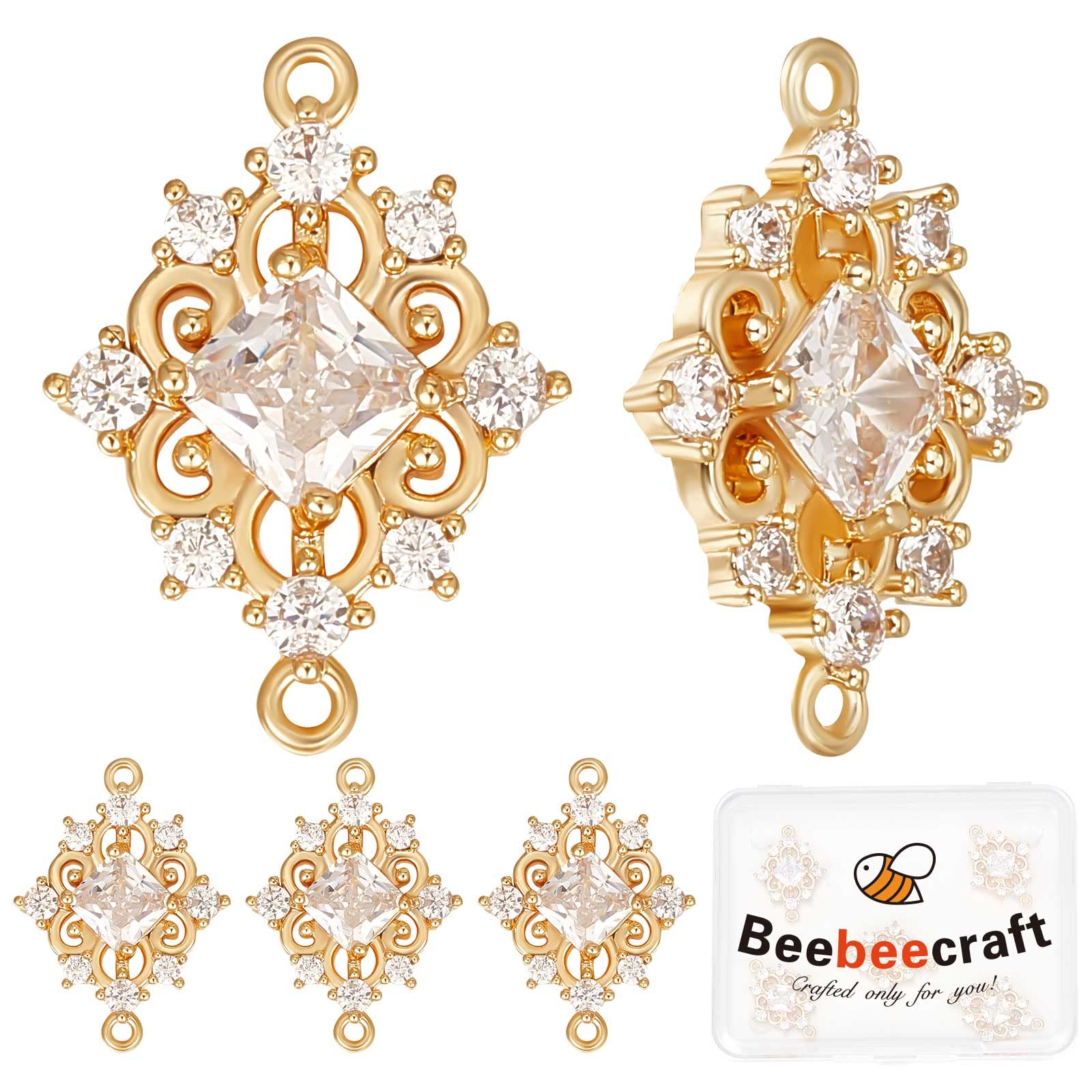 Beebeecraft 8Pcs/Box Rhombus Connector Charms 18K Gold Plated Cubic Zirconia Geometry Hollow Flower Links Connectors Charms for DIY Crafting Bracelet Necklace Jewelry Making