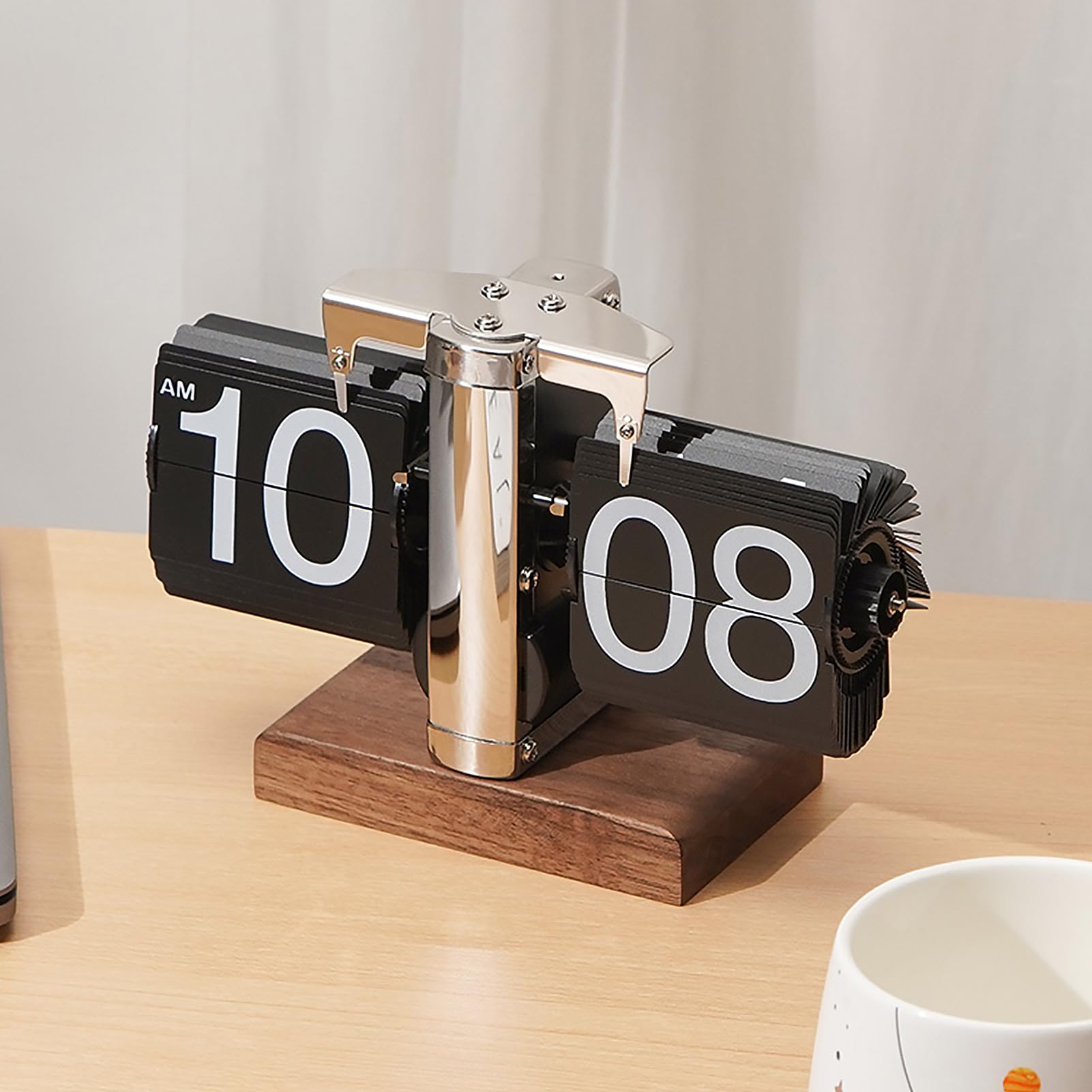 Photo 1 of VBESTLIFE Retro Digital Flip Down Clock, Battery Powered Internal Gear Operated Clock, Classic Mechanical, Black Walnut Base, for Home & Office Decor (Silver)