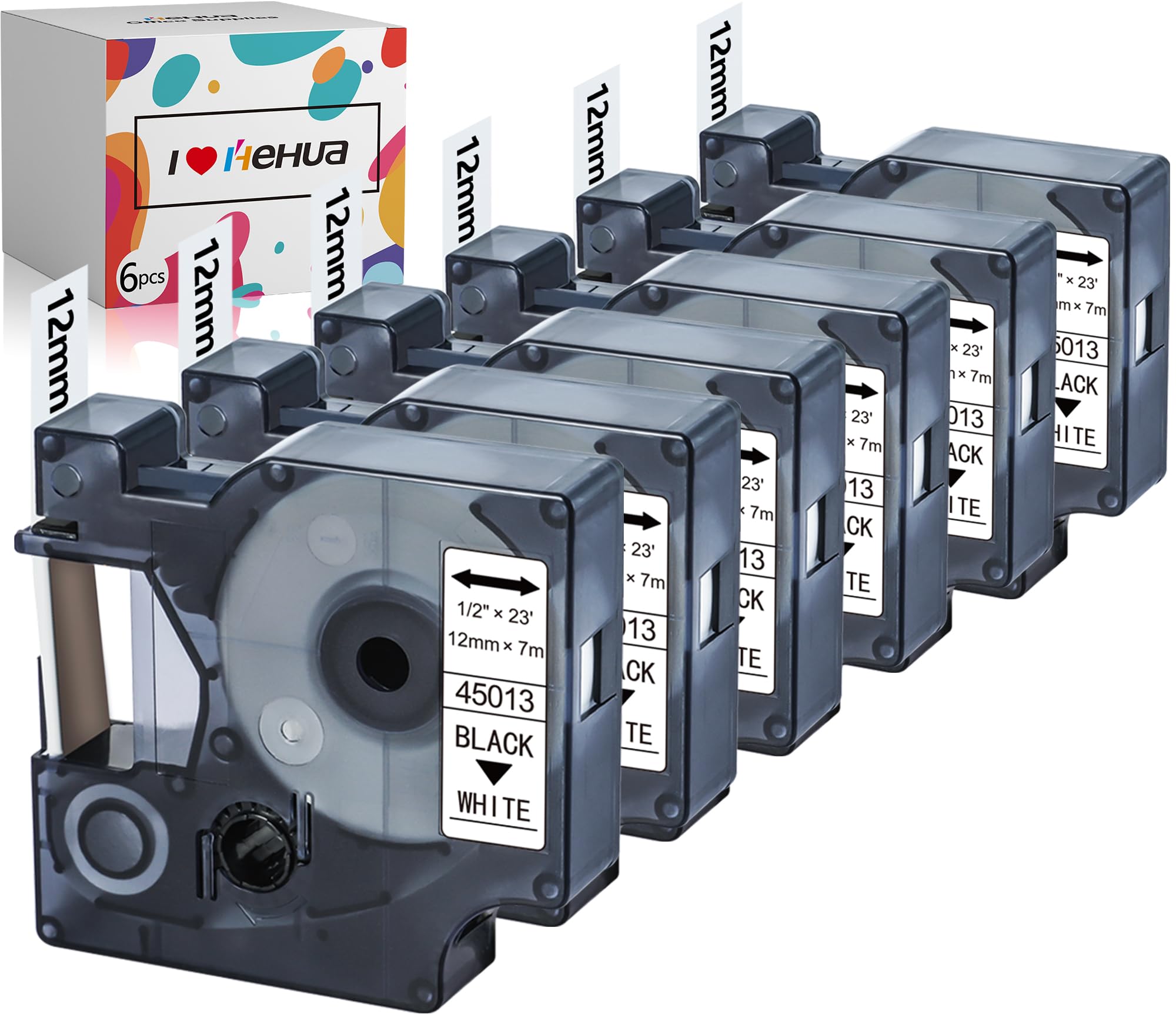 Hehua 6 Pack Compatible with DYMO 45013 Tape 12mm x 7m Black on White, Replacement for DYMO D1 Label Tape S0720530 work with Label Manager 160 210D 260P 360D LabelWriter 400 450 Duo