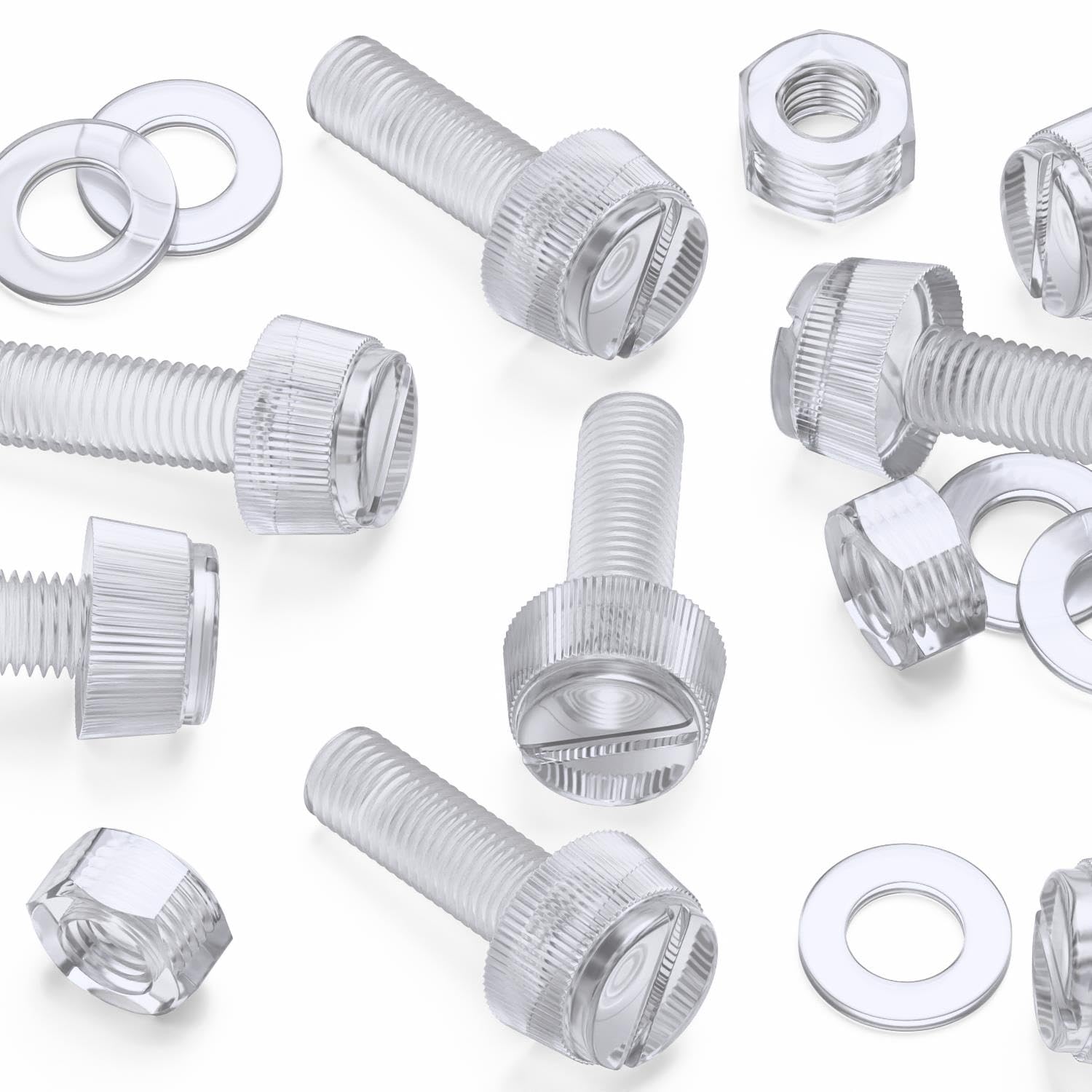 60x Transparent Clear Plastic Acrylic Thumbscrews, Slotted+knurled M8 x 25mm, Nuts, Washers & Bolts