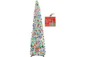 MACTING Christmas Pop Up Tree with 50 LED Lights 5FT Collapsible Tinsel Pencil Tree Easy-Assembly Coastal Glitter Artificial Tree for Apartment Party Corner Home Indoor Xmas Decorations(Silver-Mix)