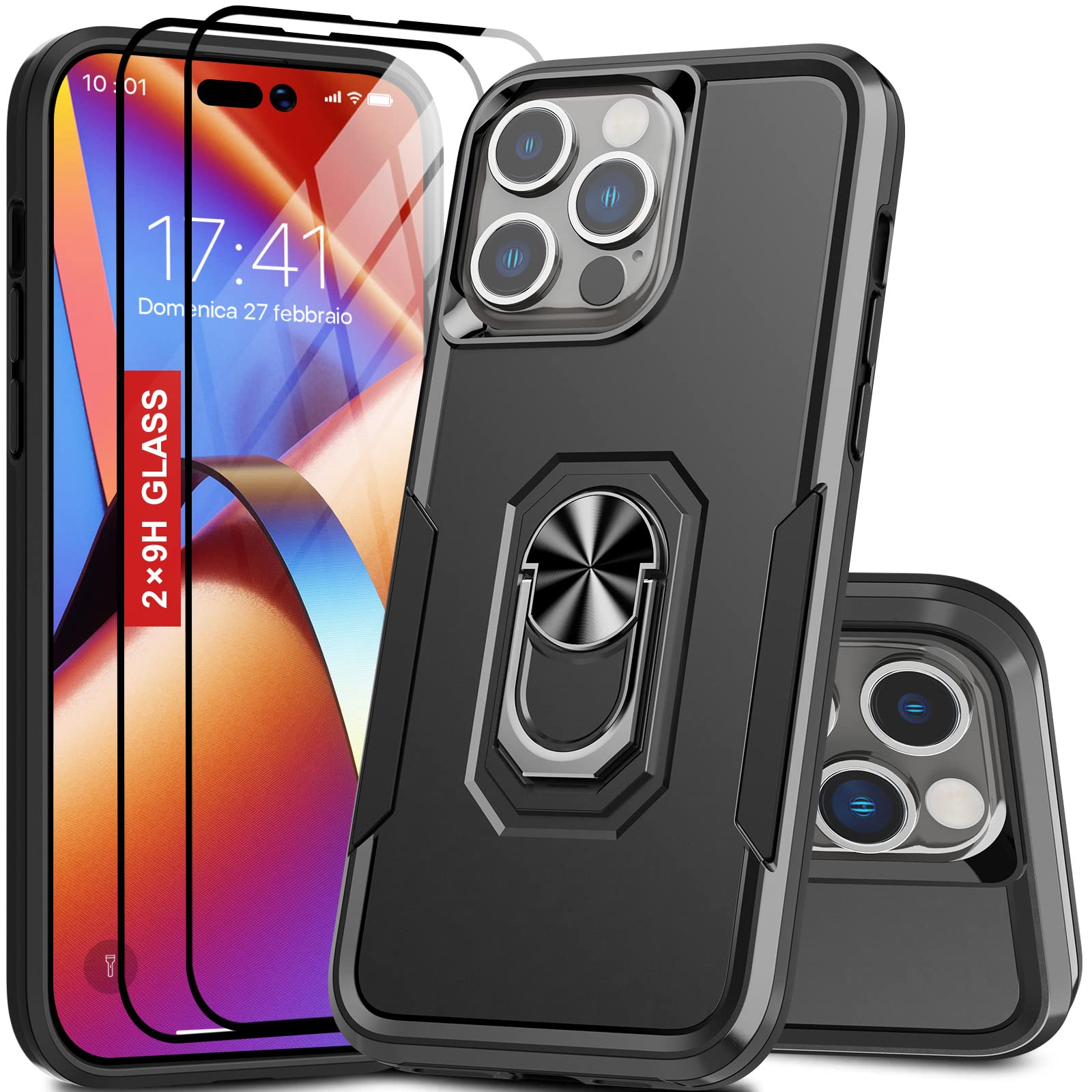 GIVELOT for iPhone 14 Pro Max Case,[2×9H Screen Protector][Metal Kickstand][Military Grade Protection] Shockproof Rugged Case for iPhone 14 Pro Max,Black