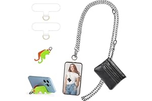 CASECOND Clip and Go Strap for Phone Gun Metal Chain with Black Pouch Wallet Crossbody Phone Lanyard for Women with Cell Phone Stand Holder 2 Patches Tether Adjustable Anti Theft for iPhone 16 15 14 All Phones