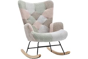 FurniTribe Rocking Chair for Nursery, Upholstered Teddy Fabric Nursing Chair with High Backrest, Modern Accent Glider Rocker Chair for Living Room Bedroom (Macaroon)