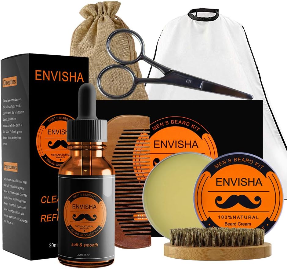 KOKOBI Beard Grooming Kit, Gifts for Men- 7 in 1 Beard Trimmer and Growth Care Kit Includes- Beard Oil, Beard Balm, Beard Brush, Beard Comb, Mustache Scissors, Beard Apron, Storage Bag -Black Gift Box